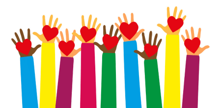 Graphic of hands holding hearts.